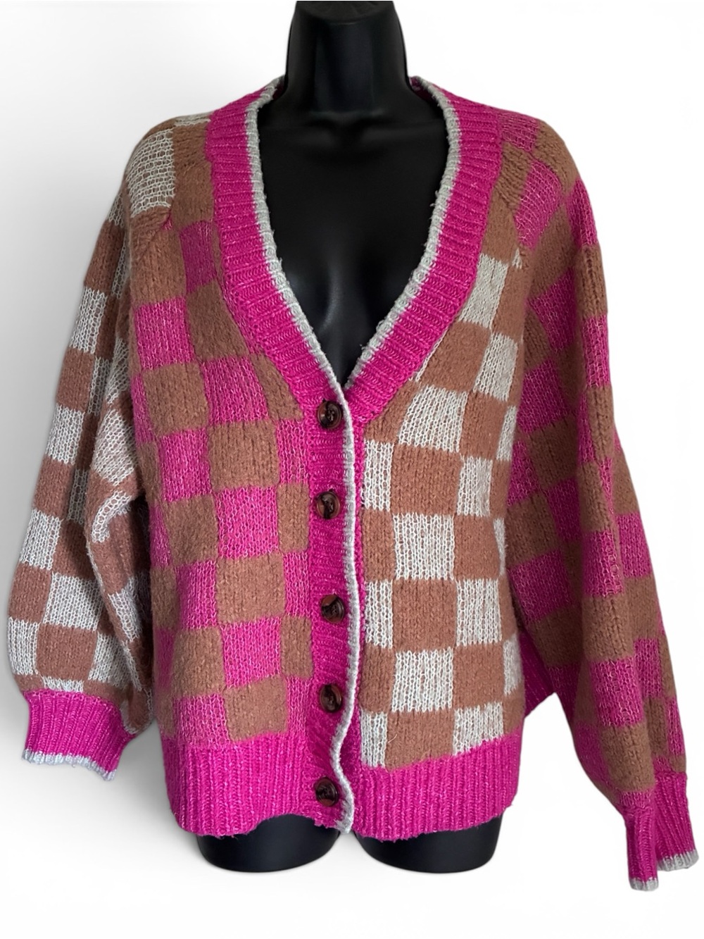 torrid Grannycore Pink Brown Checker V-Neck Button Colorblock Cardigan Sz 2